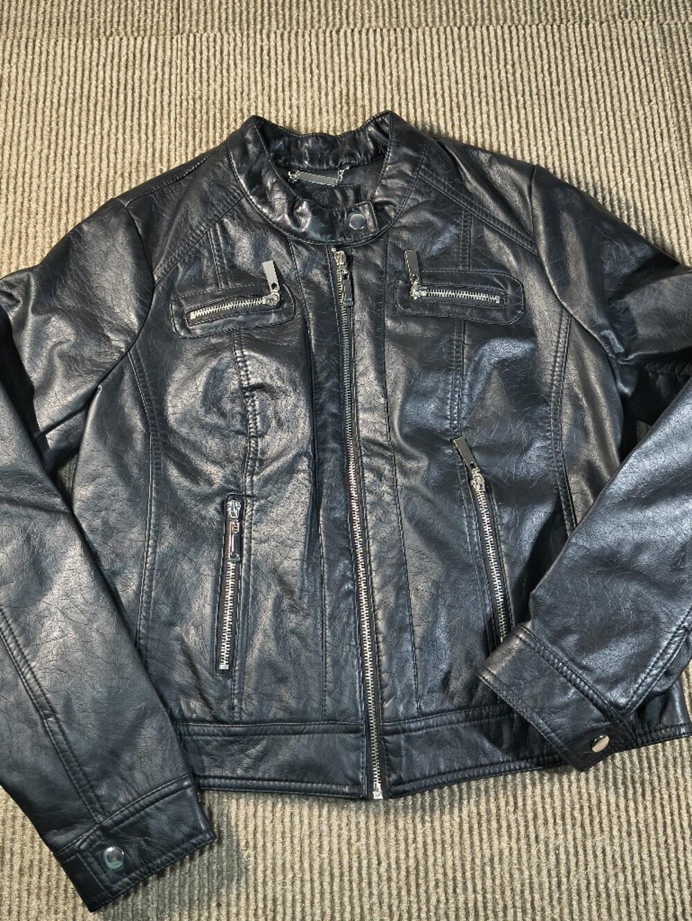 Women's Black Faux Leather Biker Jacket - Classic Zip Detail